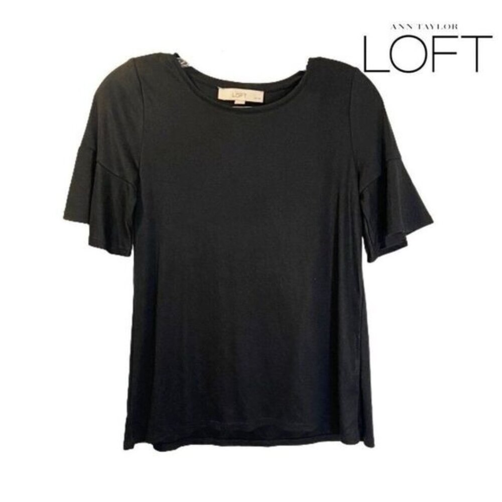 LOFT Women's‎ Flutter Sleeve Top Flounce Crew Tee In Black